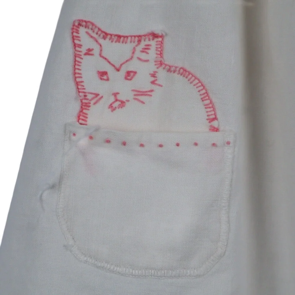 Handmade Antique Cotton Jumpsuit Applique‎ Kitten Pocket Romper Girls Outfit